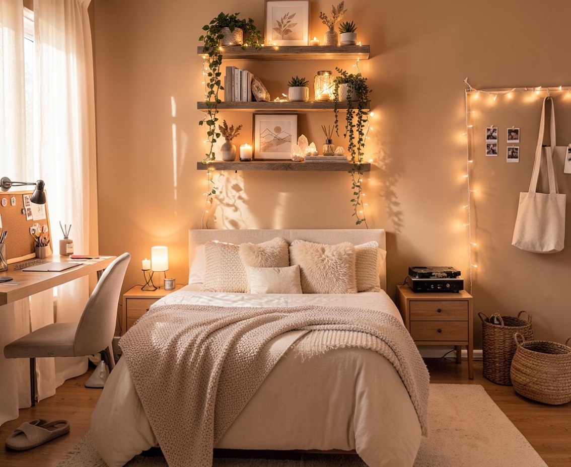 Warm bedroom corner with the shelf set as focal point